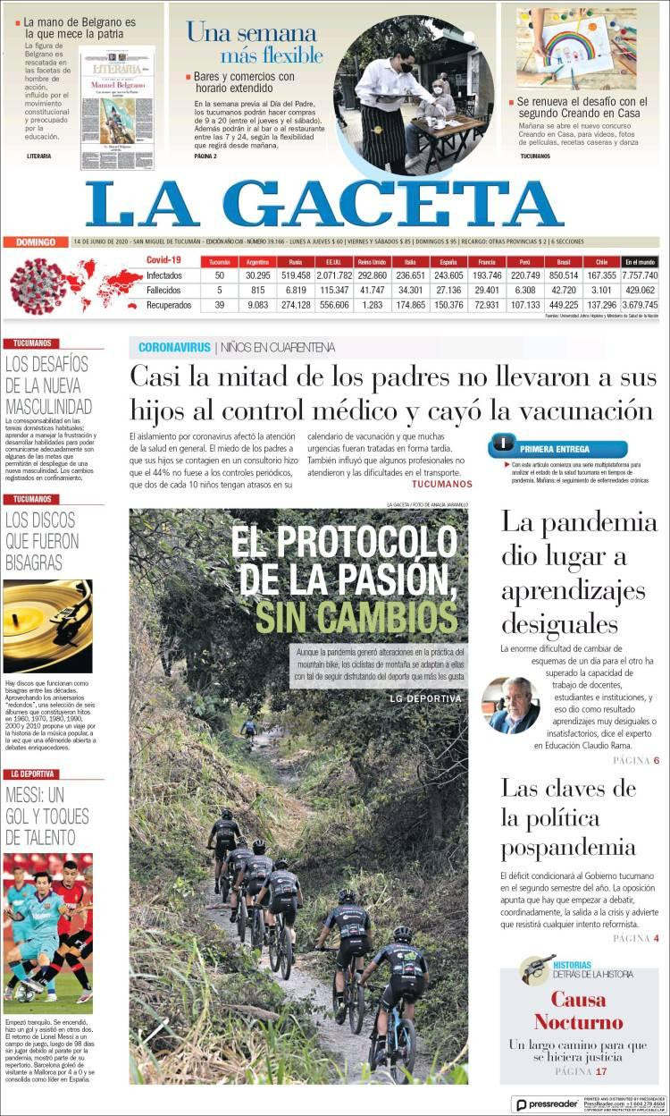 Tapa de diarios, La gaceta, domingo 14 de junio de 2020	