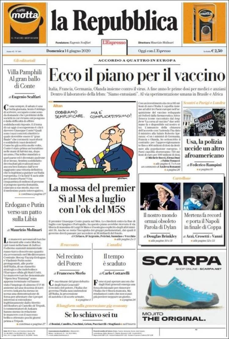 Tapa de diarios, La repubblica, domingo 14 de junio de 2020	