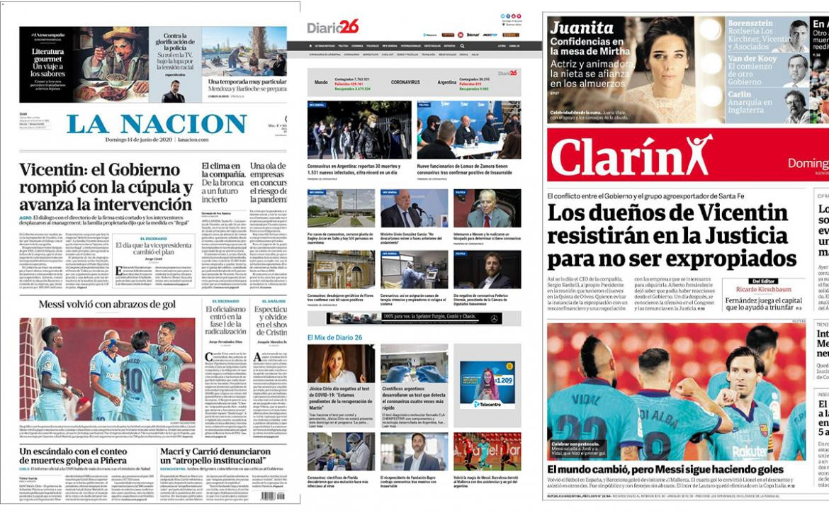 Tapa de diarios, diarios de Argentina, domingo 14 de junio de 2020	