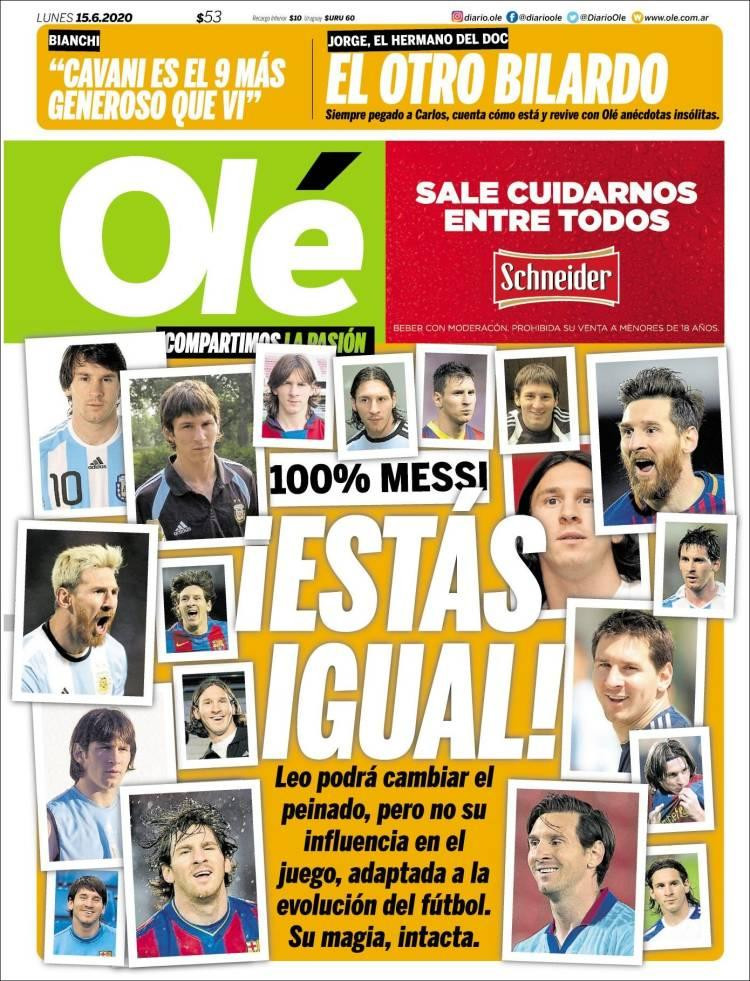 Tapas de diarios, Olé, lunes 15 de junio de 2020