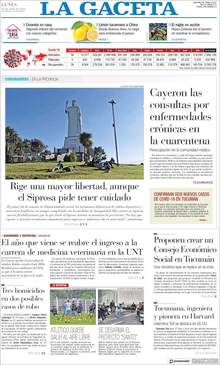 Tapas de diarios, La Gaceta, lunes 15 de junio de 2020