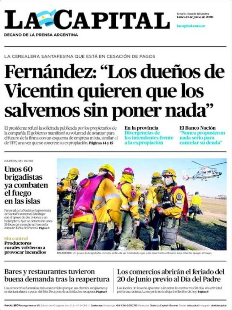 Tapas de diarios, La Capital, lunes 15 de junio de 2020