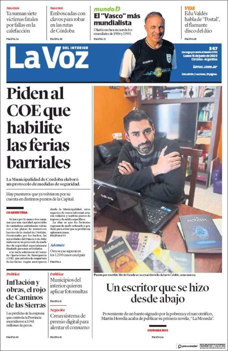 Tapas de diarios, La Voz, lunes 15 de junio de 2020