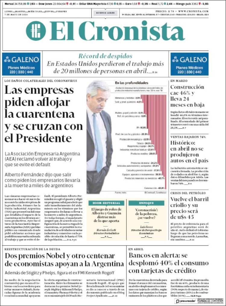 Tapas de diarios, El Cronista, lunes 15 de junio de 2020