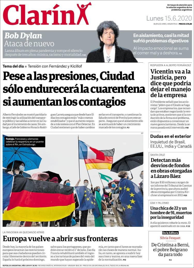 Tapas de diarios, Clarín, lunes 15 de junio de 2020