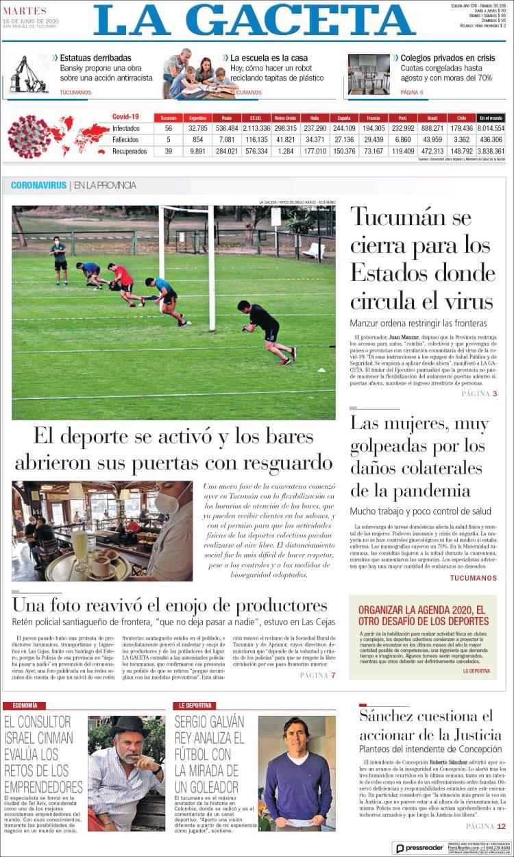 Tapas de diarios, La Gaceta, martes 16 de junio de 2020