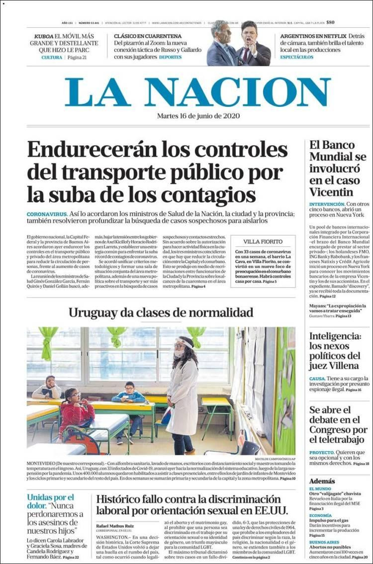 Tapas de diarios, La Nación, martes 16 de junio de 2020
