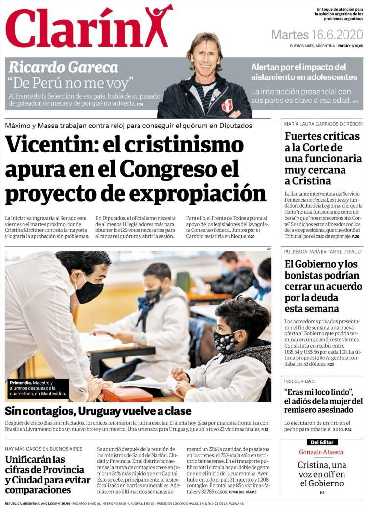 Tapas de diarios, Clarín, martes 16 de junio de 2020