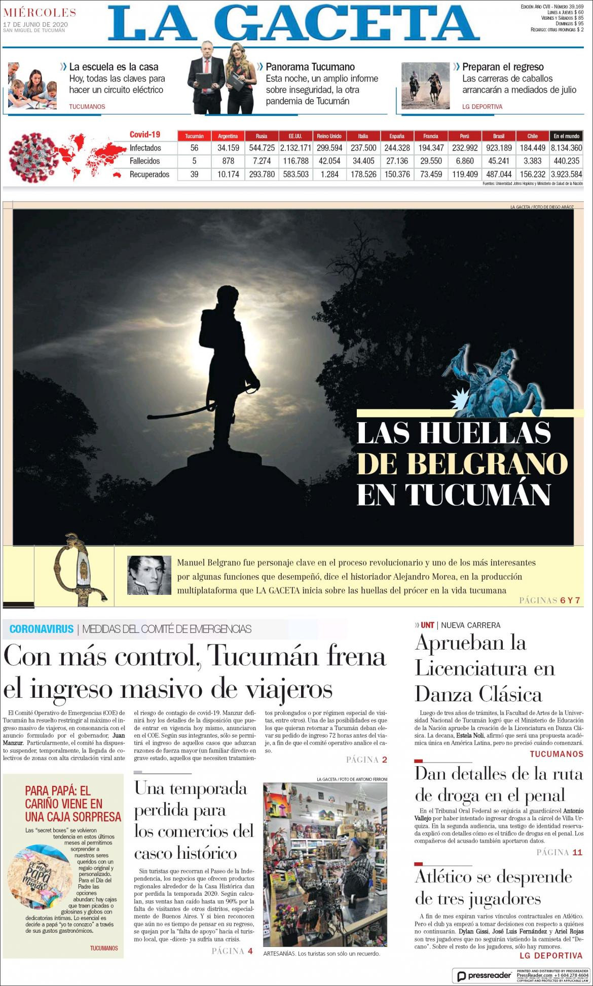 Tapas de diarios, La Gaceta, miércoles 17 de junio de 2020