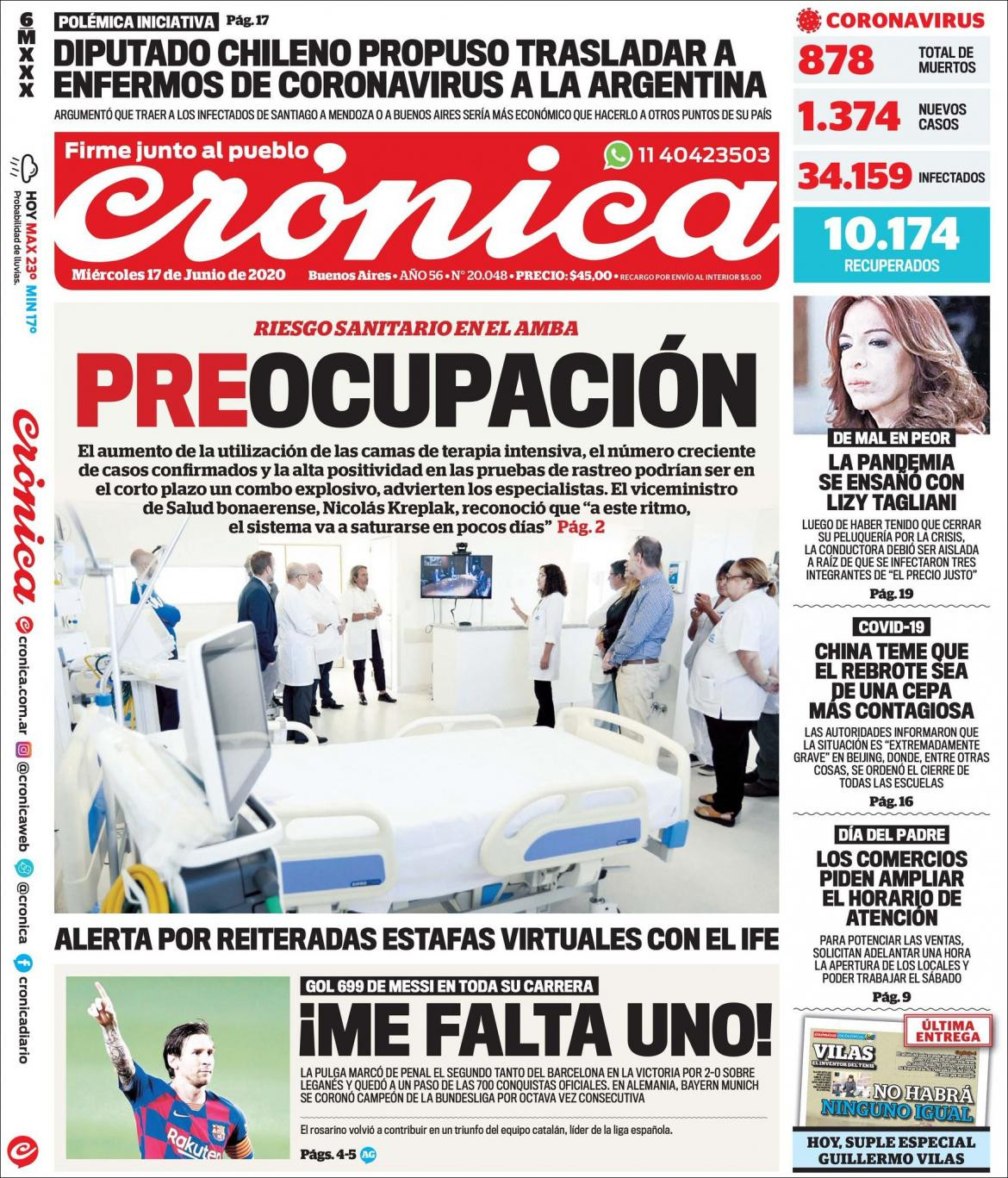 Tapas de diarios, Crónica, miércoles 17 de junio de 2020