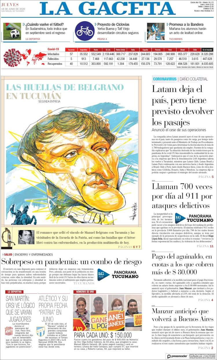Tapas de diarios, La Gaceta, jueves 18 de junio de 2020
