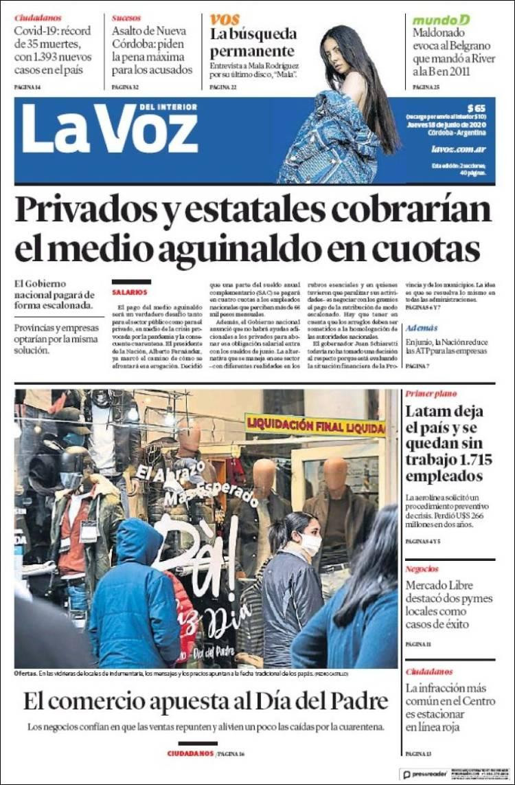Tapas de diarios, La Voz, jueves 18 de junio de 2020