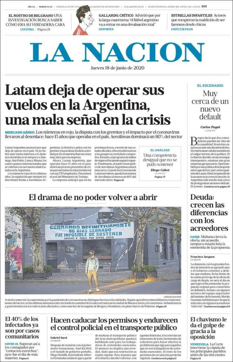 Tapas de diarios, La Nación, jueves 18 de junio de 2020