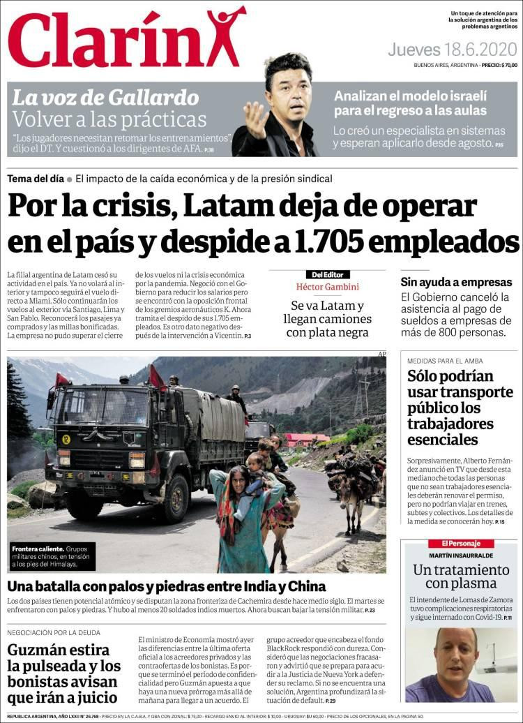 Tapas de diarios, Clarín, jueves 18 de junio de 2020