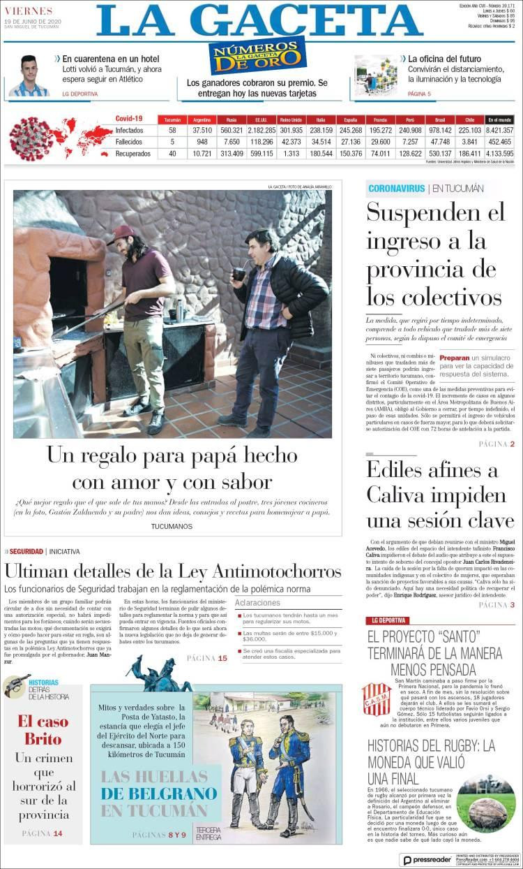 Tapas de diarios, La Gaceta, viernes 19 de junio de 2020