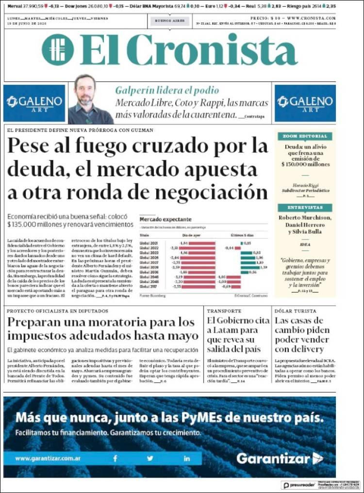 Tapas de diarios, El Cronista, viernes 19 de junio de 2020