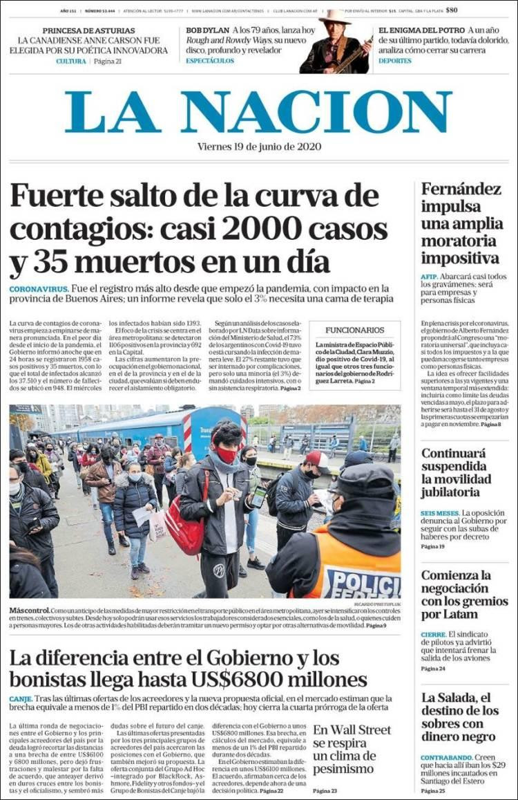 Tapas de diarios, La Nación, viernes 19 de junio de 2020