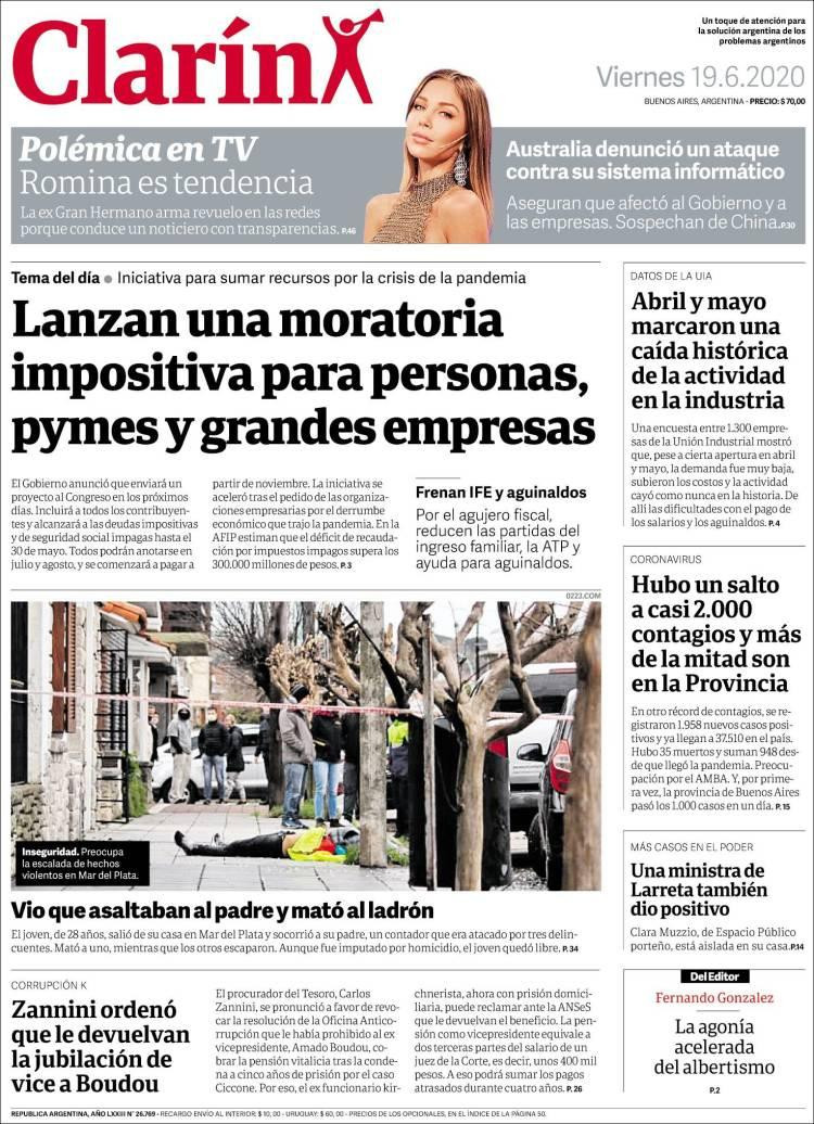 Tapas de diarios, Clarín, viernes 19 de junio de 2020