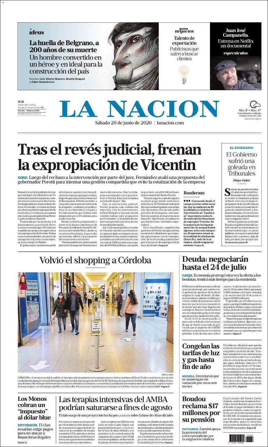 Tapas de diarios, La Nacion, sábado 20 de junio de 2020