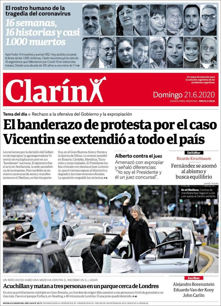 Tapas de diarios, Clarin, domingo 21 de junio de 2020