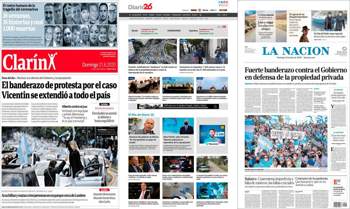 Tapas de diarios argentinos, domingo 21 de junio de 2020