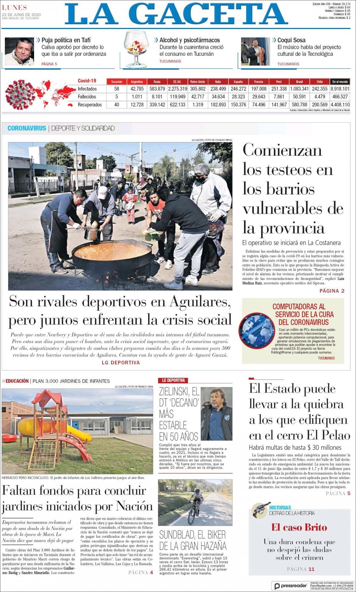 Tapas de diarios, La Gaceta, lunes 22 de junio de 2020
