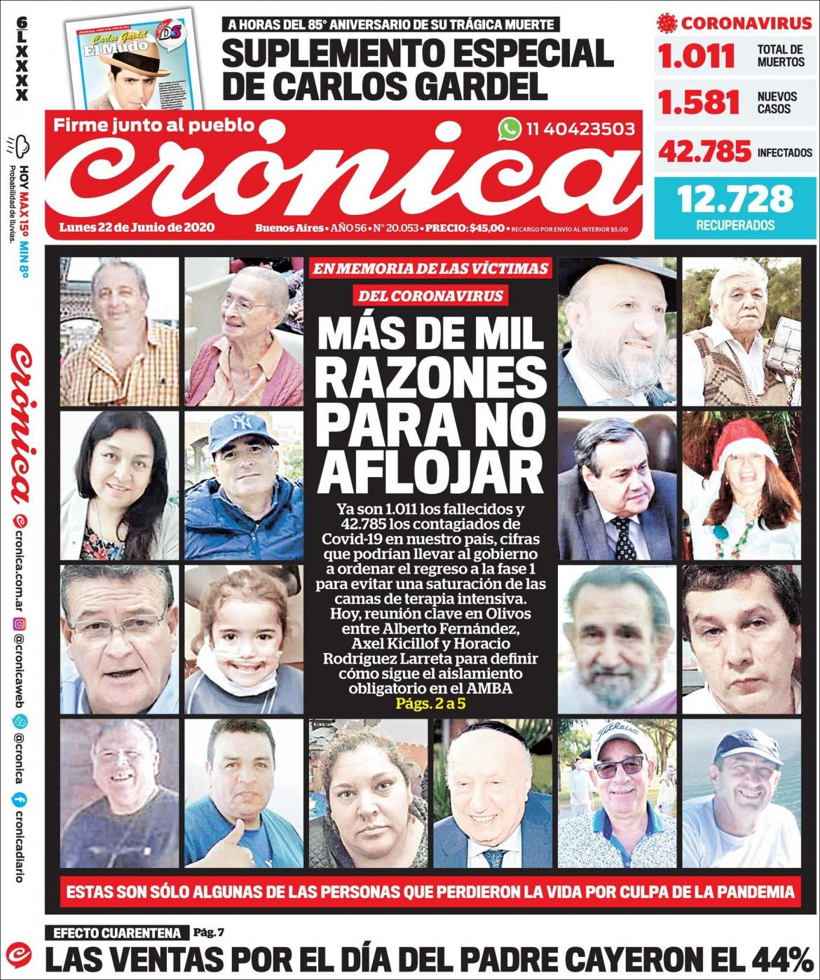 Tapas de diarios, Cronica, lunes 22 de junio de 2020