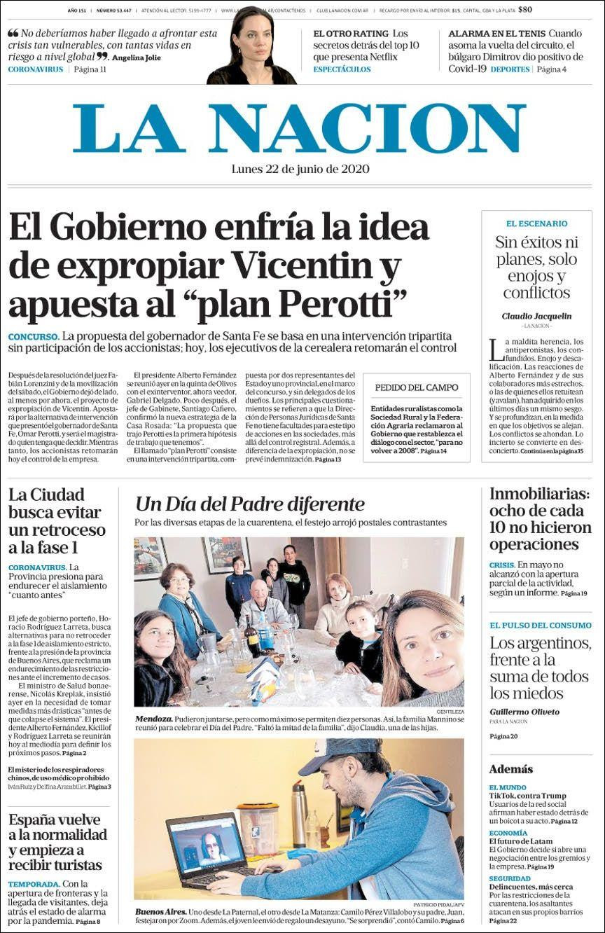 Tapas de diarios, La Nación, lunes 22 de junio de 2020