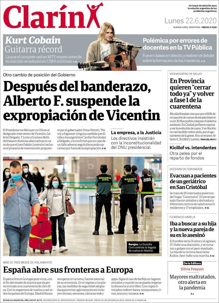 Tapas de diarios, Clarin, lunes 22 de junio de 2020