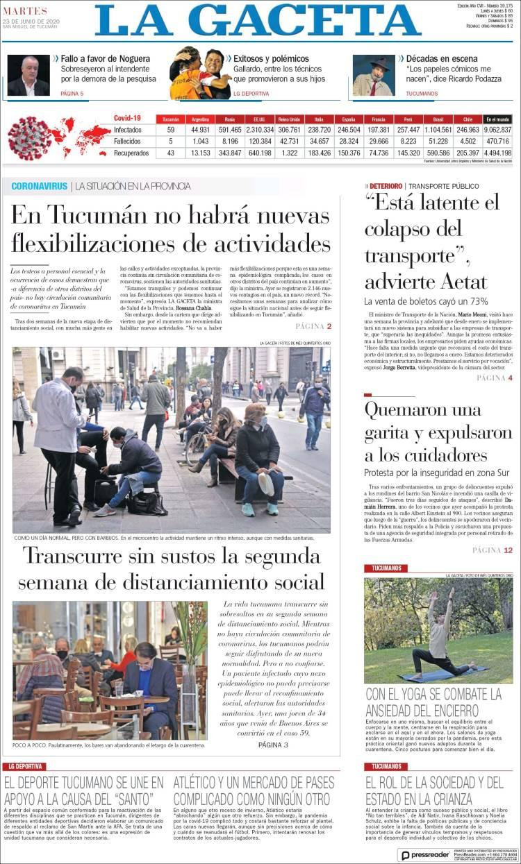 Tapas de diarios, La Gaceta, martes 23 de junio de 2020