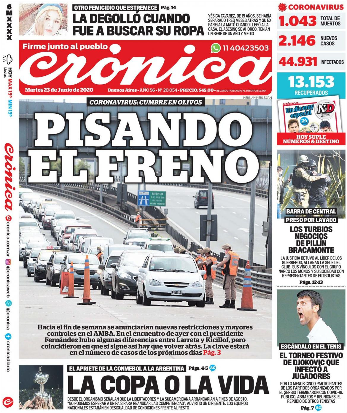 Tapas de diarios, Crónica, martes 23 de junio de 2020