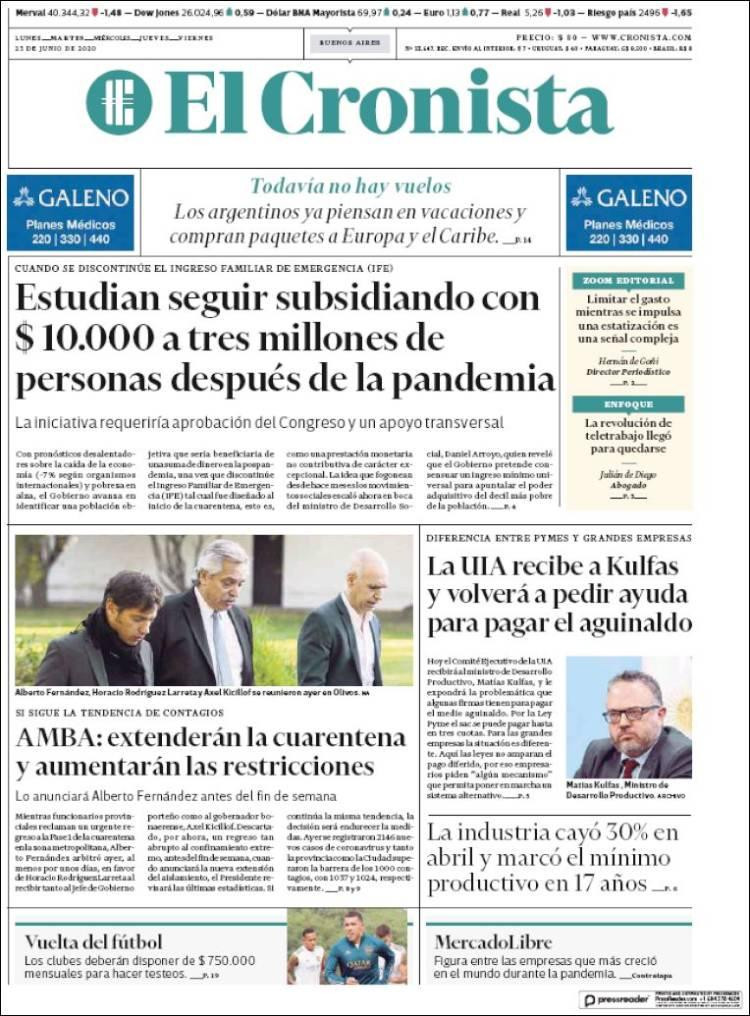 Tapas de diarios, El Cronista, martes 23 de junio de 2020