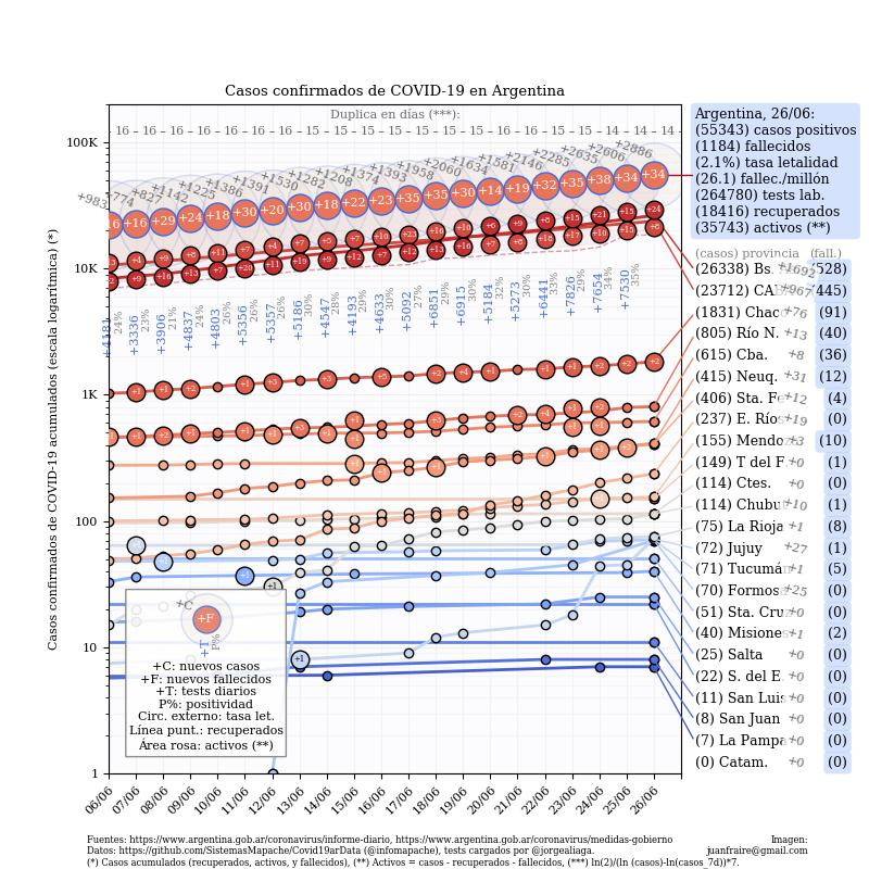 Curva de casos en Argentina actualizada con los reportes matutinos y vespertinos, @TotinFraire