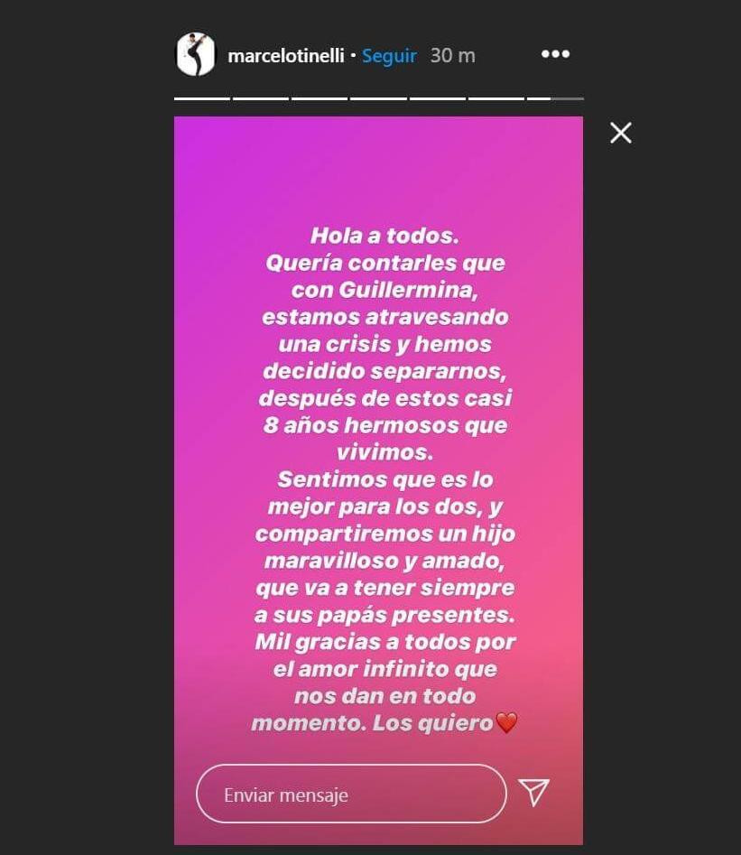 Marcelo Tinelli, anuncio de separación en Instagram