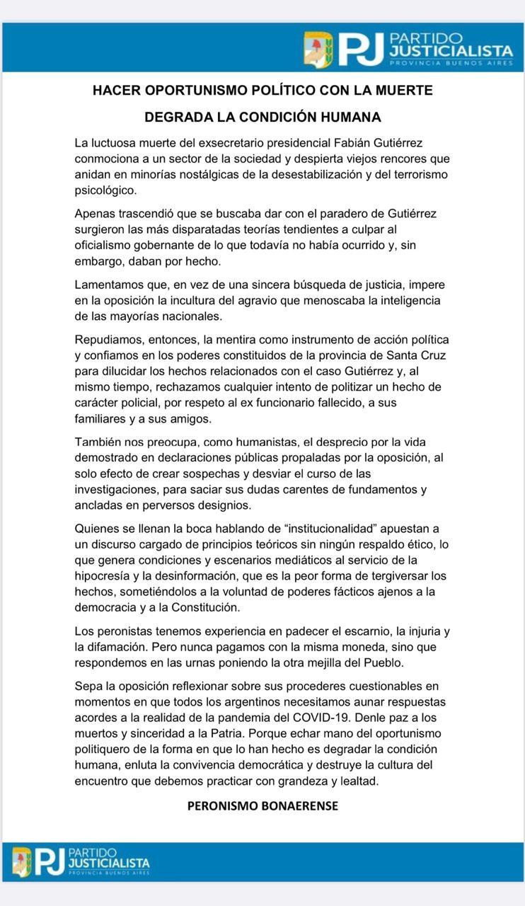El PJ acusó a la oposición de querer sacar ventaja política y habló de “lamentable papel” tras los dichos sobre el crimen de Fabián Gutiérrez