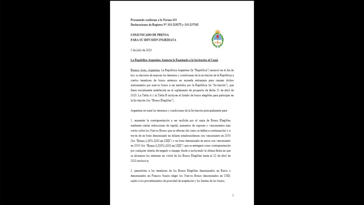 Gobierno, Nueva oferta argentina a bonistas 1