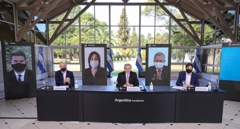 Anuncio de extensión de cuarentena, Alberto Fernández, Kicillof y Larreta, Agencia NA