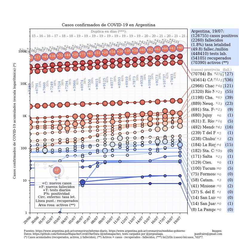 Casos en Argentina actualizada con los reportes matutinos y vespertinos, @TotinFraire 19-7-20	