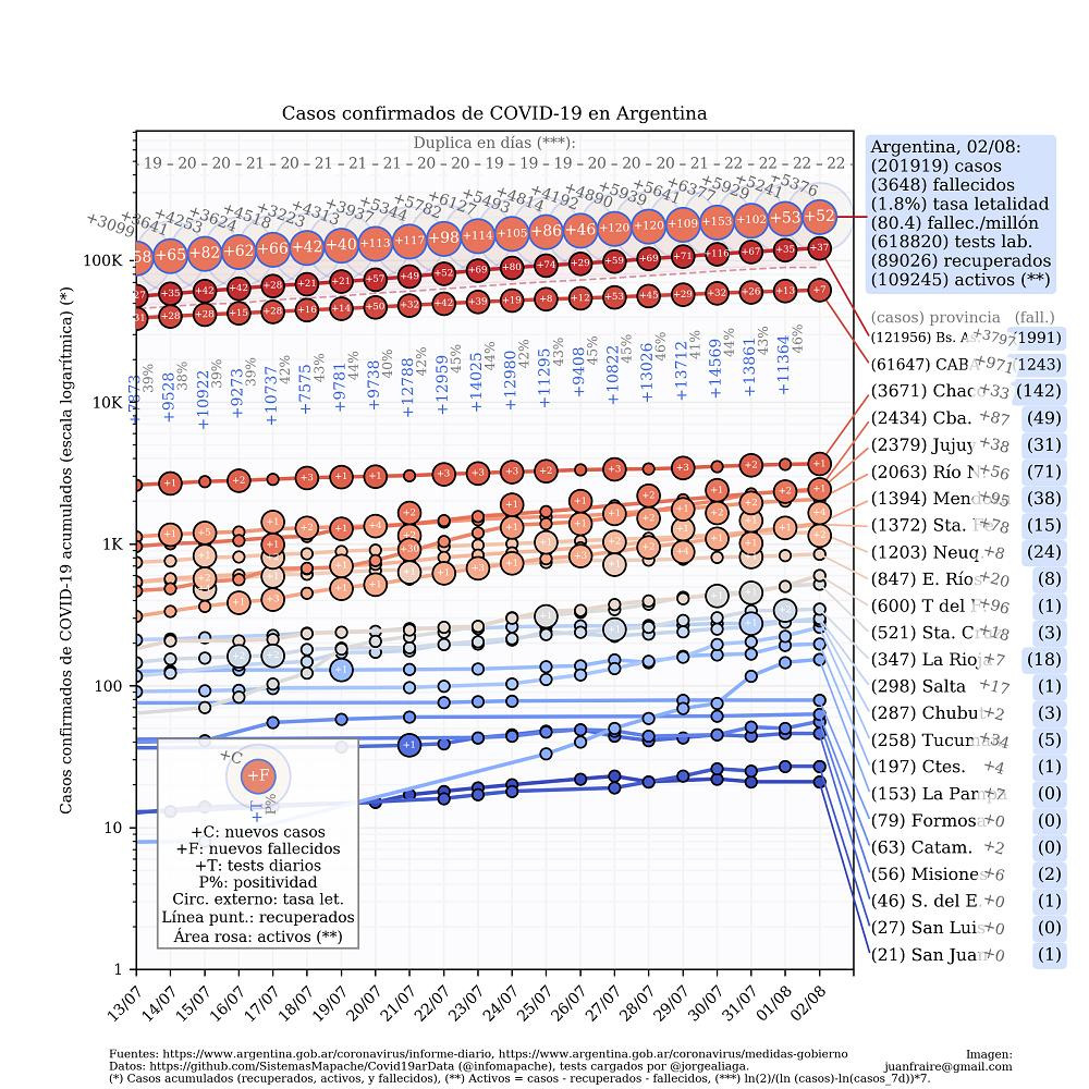 Curva de casos en Argentina actualizada con los reportes matutinos y vespertinos, @TotinFraire - 2-8-2020	