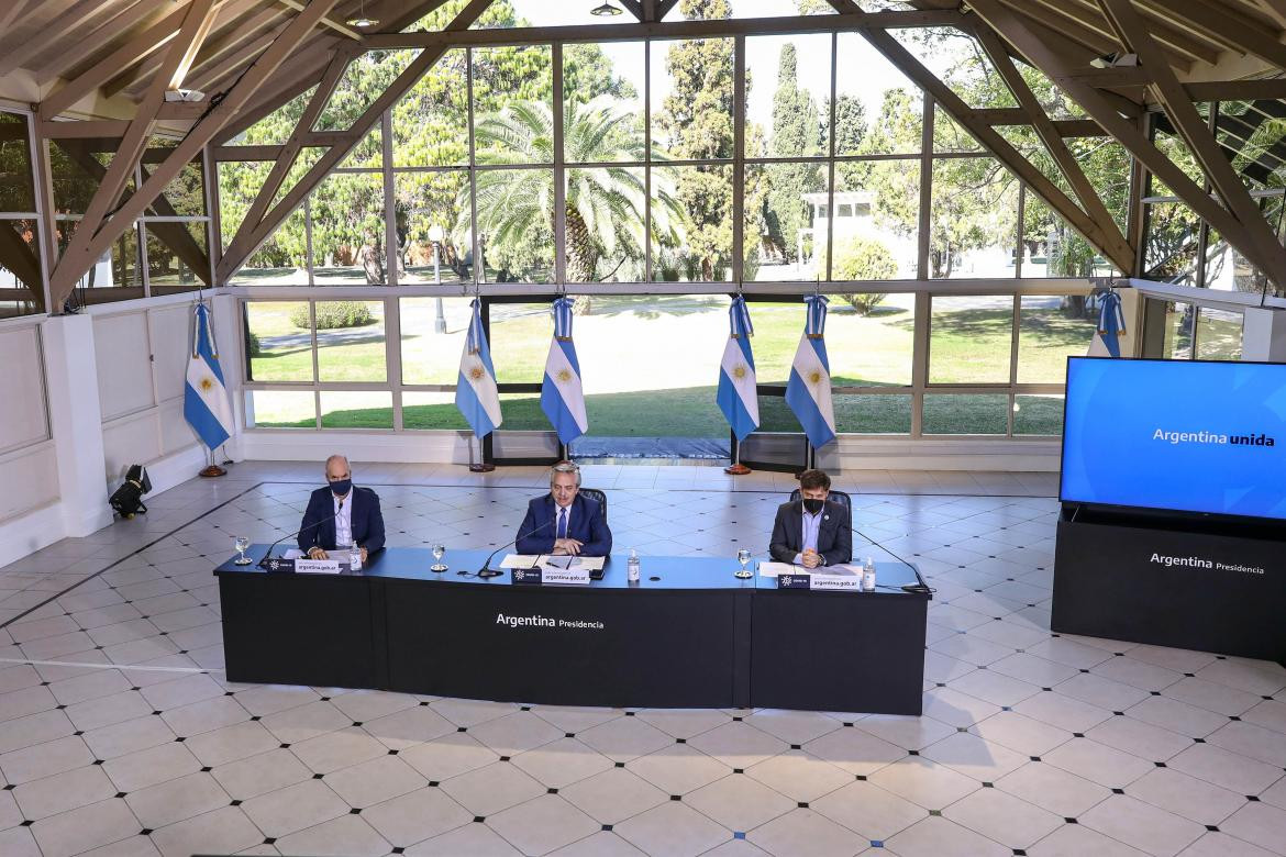 Alberto Fernández, Horacio Rodríguez Larreta, Axel Kicillof, anuncio de cuarentena en Quinta de Olivos, NA