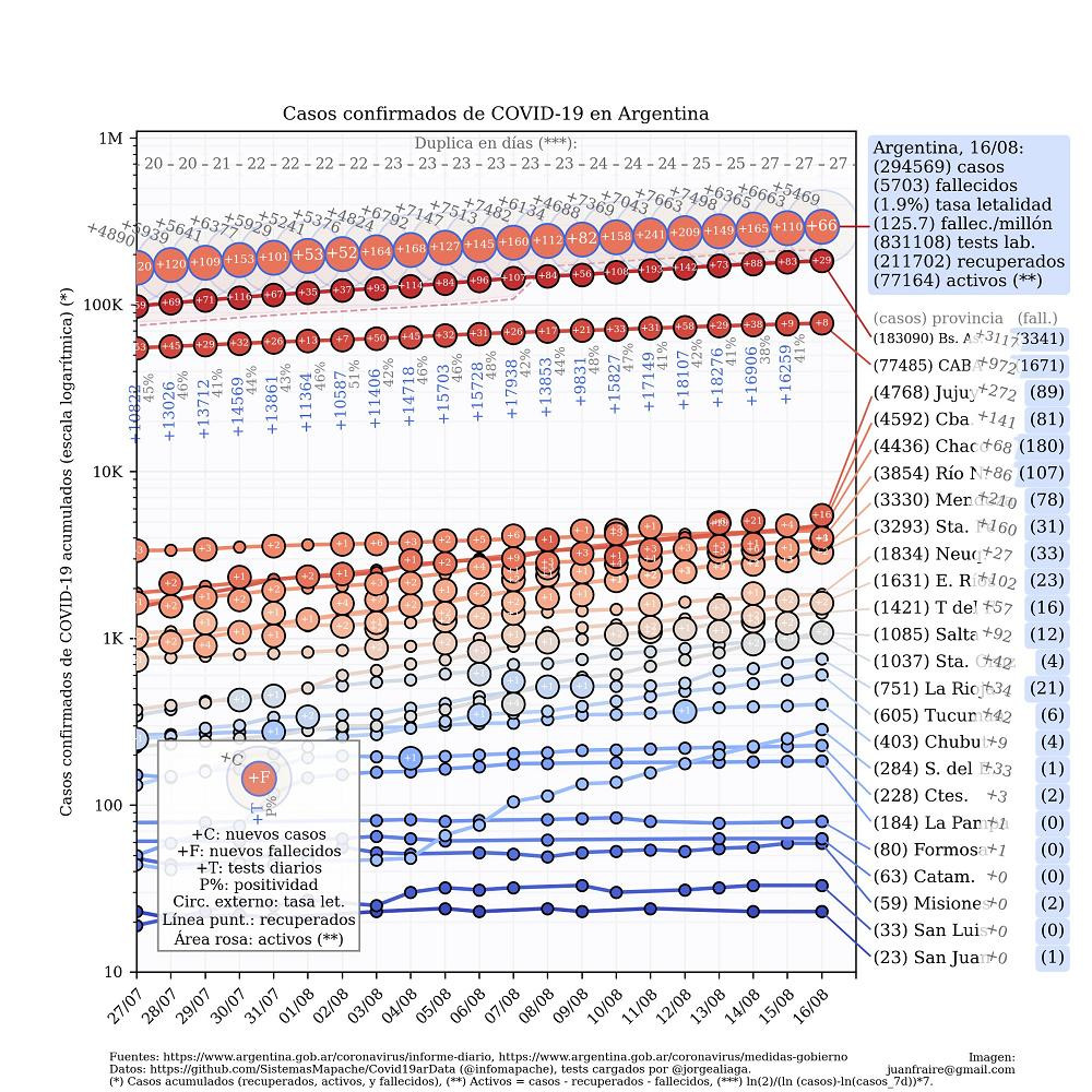 Curva de casos en Argentina actualizada con los reportes matutinos y vespertinos, @TotinFraire 16-8-2020	