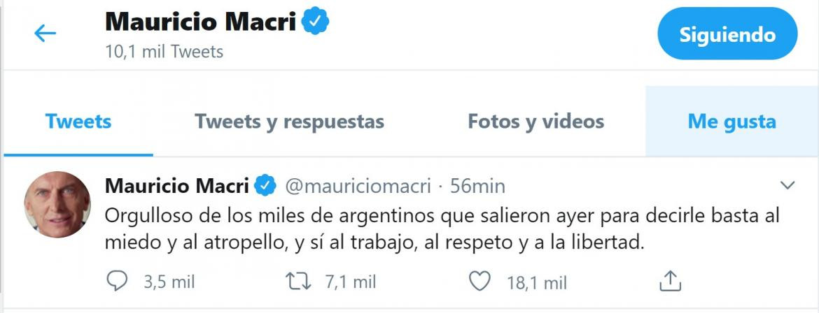 Twitter de Mauricio Macri sobre Marcha del 17A, NA
