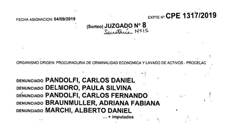 Carátula de denuncia contra Carlos Pandolfi