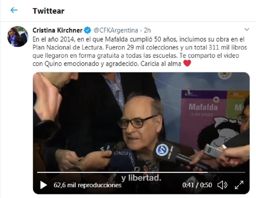 Cristina Fernández rinde homenaje a Quino y Mafalda en Twitter