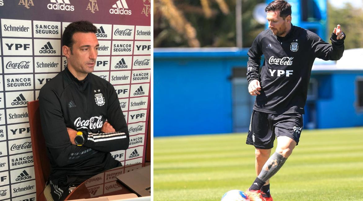 Lionel Scaloni, DT de Selección Argentina, y Lionel Messi, fútbol, NA	