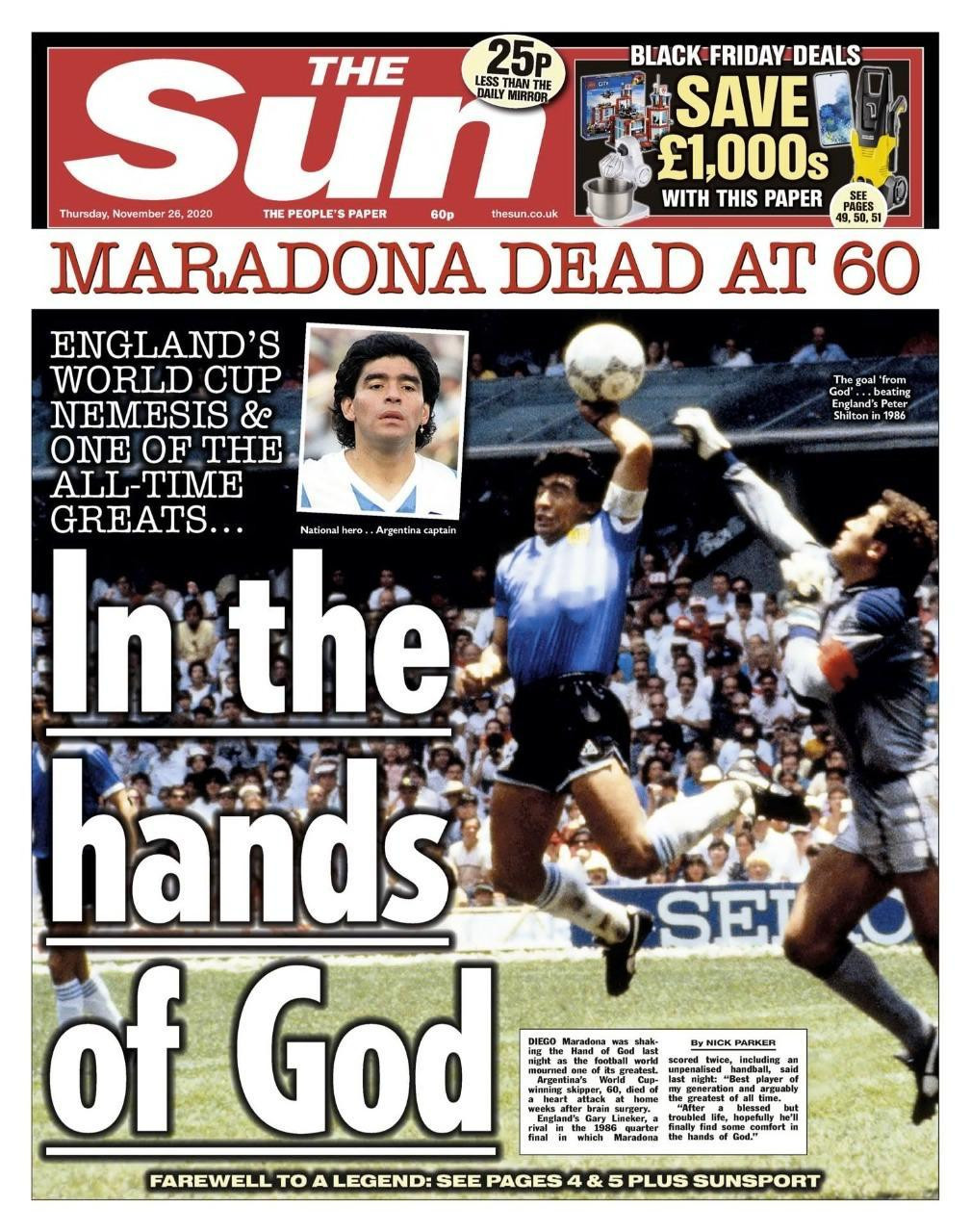 Muerte de Maradona por el diario inglés The Sun