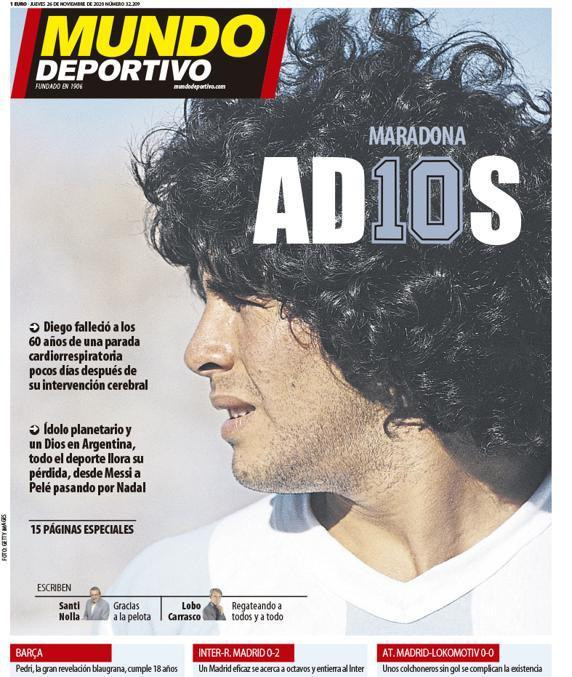 Muerte de Maradona por el diario español Mundo Deportivo