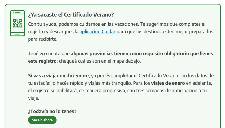 Certificado verano para vacaciones en Argentina