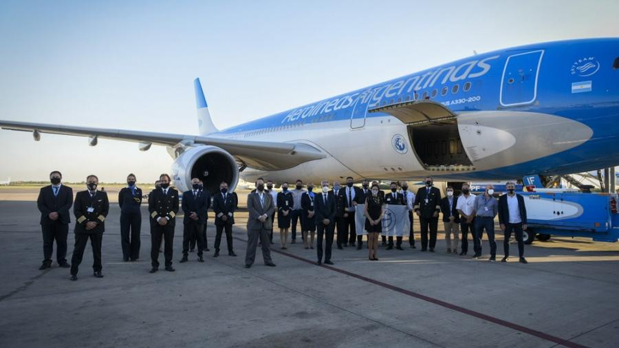 Avión de Aerolíneas Argentinas que viaja Rusia para traer la vacuna Sputnik V