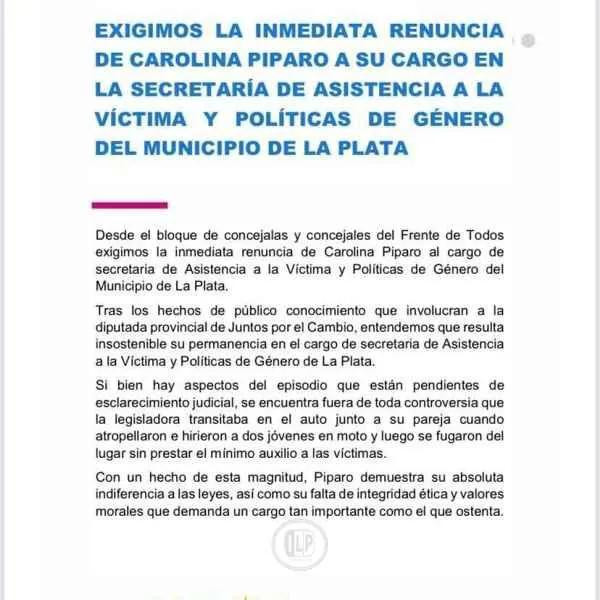Bloque de concejales del Frente de Todos La Plata exige renuncia de Carolina Píparo